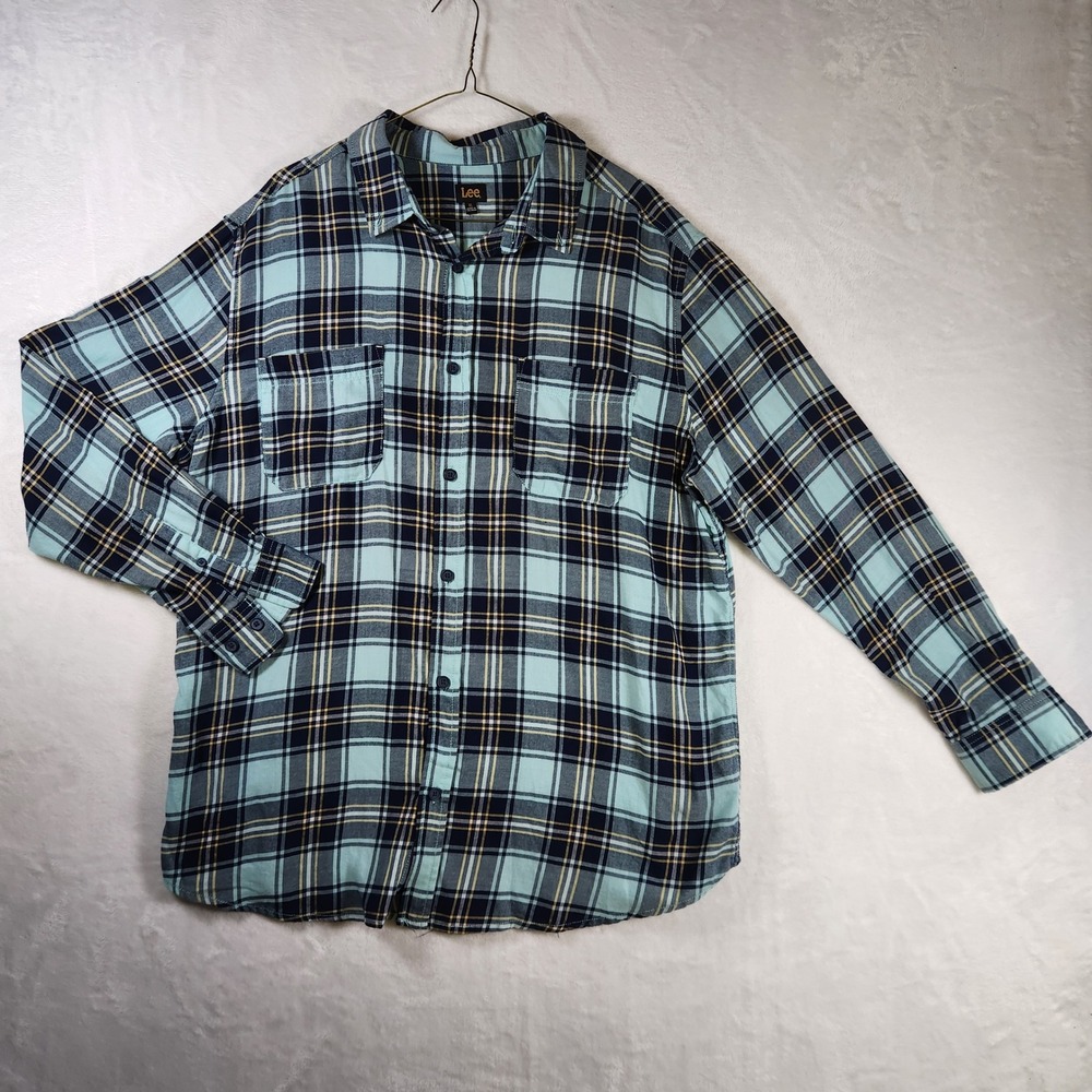 Lee‎ Mens XL Flannel Shirt Plaid Long Sleeve Button Up Blue Checkered
